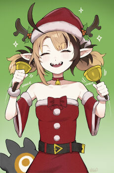 1girl absurdres alternate_costume animal_ears bell belt black_belt brown_hair closed_eyes commentary dress english_commentary fake_animal_ears fur-trimmed_dress fur-trimmed_headwear fur_trim gigi_murin hat highres holding holding_bell hololive hololive_english looking_at_viewer medium_hair migokami multicolored_hair open_mouth pointy_ears red_dress red_hat santa_costume santa_dress santa_hat sharp_teeth smile solo tail teeth two-tone_hair two_side_up virtual_youtuber