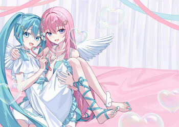 2girls absurdres angel_wings aqua_eyes aqua_hair aqua_nails aqua_ribbon aqua_trim bed blue_eyes blush bubble dress feathered_wings hair_between_eyes hair_ornament hatsune_miku highres long_hair megurine_luka multiple_girls nail_polish open_mouth pink_dress pink_hair ribbon sleeveless sleeveless_dress smile soap_bubbles toenail_polish toenails twintails very_long_hair vocaloid vs0mr white_dress white_wings wings yuri