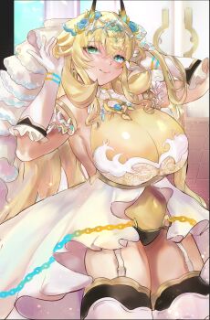 1girl absurdres armlet bare_shoulders barghest_(fate) blonde_hair blush bracelet breasts brooch chain commentary_request dress elbow_gloves fate/grand_order fate_(series) garter_straps gloves green_eyes highres horns jewelry klash large_breasts leotard long_hair looking_at_viewer solo thighhighs thighs tiara white_dress white_gloves white_thighhighs yellow_leotard