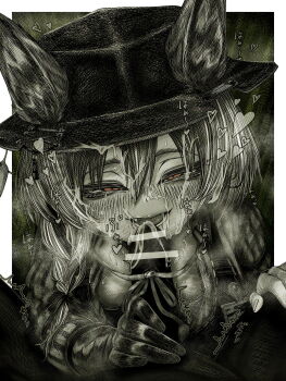 1boy 1girl absurdres after_fellatio animal_ear_fluff animal_ears arknights beanstalk_(arknights) blank_censor blush braid censored commentary_request ears_through_headwear gloves greyscale hair_between_eyes hetero highres hyena_ears hyena_girl hyena_tail id_card kyoeikyoei52906 long_hair long_sleeves monochrome orange_eyes penis pov single_braid single_glove spot_color