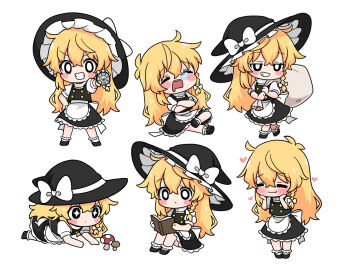 +_+ 1girl =_= apron black_eyes black_hat black_skirt black_vest blonde_hair blush book bow braid bright_pupils chibi chibi_only commentary crossed_arms crossed_legs drooling grin hair_bow hand_on_own_hip hat hat_bow heart holding holding_book holding_sack kirisame_marisa kumanou22 long_hair mini-hakkero missing_headwear mouth_drool multiple_views mushroom nose_bubble open_book reading sack side_braid simple_background single_braid skirt sleeping smile touhou very_long_hair vest waist_apron wavy_mouth white_apron white_background white_bow white_pupils witch_hat yellow_eyes