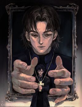 Rule 34 | 2boys, black coat, brown hair, character request, coat, commentary request, commission, cross, doeun o o, emiya kiritsugu, fate/grand order, fate (series), highres, holding, holding cross, korean commentary, multiple boys, picture frame, portrait, short hair