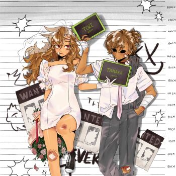 Rule 34 | 2girls, alternate costume, animification, bandaid, bandaid on leg, black shoes, bouquet, bridal veil, brown hair, bruise, character name, commentary, dress, eddsworld, english commentary, eye contact, flower, gloves, grey pants, hair ears, hand in pocket, highres, holding, holding bouquet, holding sign, hollow eyes, injury, long hair, looking at another, mugshot, multiple girls, nymbee, pants, ponytail, red eyes, shirt, shoes, short hair, sign, sneakers, tamara (eddsworld), tan, tomboy, tomee bear (eddsworld), tori (eddsworld), veil, wanted poster, white dress, white gloves, white shirt, yuri