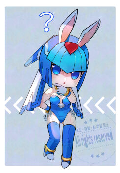 ? animal_ears blue_background blue_eyes blue_helmet blue_leotard blue_thighhighs border breasts chibi fairy_leviathan_(mega_man) fins forehead_jewel full_body head_fins helmet highres leotard mega_man_(series) mega_man_zero_(series) playboy_bunny rabbit_ears rikka_(user_hruv2435) simple_background strapless strapless_leotard thighhighs white_border
