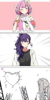 Rule 34 | 25-ji miku, 25-ji nightcord de. (project sekai), 3girls, arimon (dfrgty12), asahina mikuru, grey hair, hatsune miku, heart, heart hands, multiple girls, one eye closed, ootori emu, pink hair, project sekai, purple eyes, purple hair, yuri