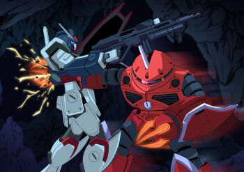 Rule 34 | absurdres, assault visor, battle, beam rifle, blue visor, cave, commentary request, damaged, destruction, energy gun, glowing, glowing eyes, gun, gundam, gundam seed, gundam seed freedom, highres, holding, holding gun, holding weapon, horns, mecha, mobile suit, mobile suit gundam, no humans, one-eyed, parody, pink eyes, radio antenna, robot, science fiction, shield, single horn, sparks, stab, strike dagger, tanuki (naito7110), weapon, z'gok (seed)