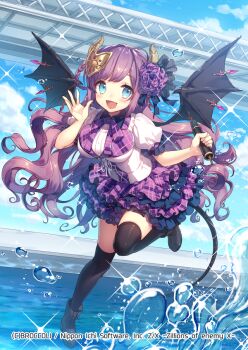 Rule 34 | 1girl, black shoes, black thighhighs, blue eyes, blue sky, braid, braided hair rings, breasts, brown horns, concert, copyright notice, demon girl, demon horns, demon wings, hair ornament, hair rings, holding, holding microphone, horns, idol clothes, long hair, looking at viewer, masaru.jp, microphone, official art, open mouth, purple hair, shoes, sky, solo, splashing, standing, standing on one leg, thighhighs, ugly (z/x), water drop, wings, z/x