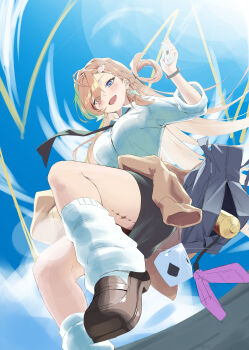 1girl absurdres alternate_costume blonde_hair blue_eyes breasts clothes_around_waist commentary_request from_below highres holding holding_phone korean_commentary long_hair looking_at_viewer lynae_(wuthering_waves) medium_breasts open_mouth phone rkin shirt smile socks solo tacet_mark_(wuthering_waves) white_shirt white_socks wuthering_waves