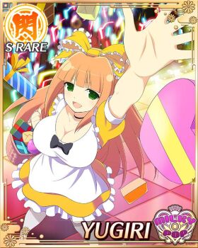 1girl :d alice_(alice_in_wonderland) alice_(alice_in_wonderland)_(cosplay) audience border bow box breasts card_(medium) choker colored_lights concert cosplay dress english_text game_cg gift gift_box glowstick green_eyes hair_bow heart-shaped_box hime_cut incoming_gift large_breasts looking_at_viewer non-web_source official_alternate_costume official_art open_mouth orange_hair senran_kagura senran_kagura_new_wave smile solo stage valentine yellow_bow yellow_dress yugiri_(senran_kagura)