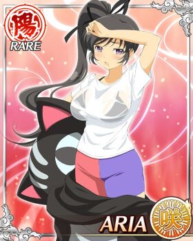 1girl :o animal_costume aria_(senran_kagura) bike_shorts black_bra black_hair black_ribbon border bra bra_strap breasts card_(medium) cat_costume character_name cosplay english_text game_cg hair_ribbon high_side_ponytail kigurumi large_breasts long_hair looking_at_viewer multicolored_shorts official_alternate_costume official_art purple_eyes purple_shorts red_shorts ribbon see-through_clothes see-through_shirt senran_kagura senran_kagura_new_wave shirt shorts solo underwear wiping_sweat