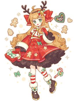 Rule 34 | 1girl, :d, absurdres, ahoge, antlers, bag, blonde hair, blush, boots, bow, bow legwear, bowtie, brown boots, candy, candy cane, christmas, commentary, dress, food, footwear bow, frilled dress, frilled sleeves, frills, full body, fur-trimmed boots, fur trim, gingerbread man, gloves, green bow, green eyes, highres, holding, holding bag, horns, long hair, long sleeves, looking at viewer, open mouth, original, red bow, red bowtie, red dress, red gloves, saijo1201, signature, simple background, smile, solo, sparkle, standing, striped bow, striped bowtie, striped clothes, white background, wide sleeves