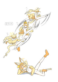 1girl above-cleavage_cutout absurdres animal_ear_fluff animal_ears bare_legs bare_shoulders bindonkan blue_archive closed_mouth clothing_cutout cross_halo dee_jay diamond_cutout extra_ears feet fighting_game fox_ears fox_girl fox_tail halo highleg highleg_one-piece_swimsuit highres jacket leg_up loli long_hair long_sleeves lying_on_side off_shoulder official_alternate_costume official_alternate_hairstyle one-piece_swimsuit orange-tinted_eyewear sandals seia_(blue_archive) seia_(swimsuit)_(blue_archive) side_ponytail simple_background street_fighter street_fighter_6 sunglasses swimsuit tail tail_ornament thighs thumbs_up tinted_eyewear toes very_long_hair very_long_tail visor_cap white_background white_one-piece_swimsuit yellow_halo yellow_jacket yellow_sandals yellow_visor