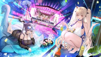 3girls absurdres aerial_fireworks azur_lane banana black_horns breasts brown_hair can cleavage copyright_name curled_horns dress eyewear_on_head fireworks food formidable_(anniversary_memories)_(azur_lane) formidable_(azur_lane) friedrich_carl_(azur_lane) friedrich_carl_(tender_summer_care)_(azur_lane) fruit grapes high_heels highres horns huge_breasts inflatable_toy looking_at_viewer lying manjuu_(azur_lane) multicolored_hair multiple_girls night night_sky official_alternate_costume official_art on_stomach orange_eyes pool poolside purple_hair shoes sky split-color_hair stage stage_lights star_(sky) starry_sky sunglasses twintails water white_dress white_hair white_shoes ying_swei_(azur_lane) ying_swei_(blue_waves_limpid_summer)_(azur_lane)