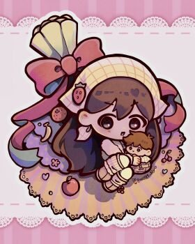 Rule 34 | 007f89 siyo, 1girl, bag, black eyes, black hair, blush, character doll, chibi, chibi only, doll, double-parted bangs, full body, hair between eyes, handbag, headscarf, hero (faraway) (omori), hero (omori), highres, long hair, looking at viewer, mari (birthday) (omori), mari (faraway) (omori), mari (omori), omori, parted lips, solo, stuffed toy, white headscarf