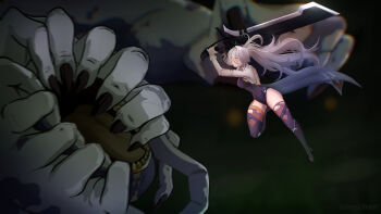 Rule 34 | 1girl, absurdres, ainu0098, belt, breasts, chaos zero nightmare, commentary, full body, gloves, greatsword, grey hair, hair intakes, hair over one eye, high ponytail, highres, holding, holding sword, holding weapon, jacket, jewelry, large breasts, legs, leotard, long hair, monster, nine (chaos zero nightmare), open clothes, open jacket, ponytail, sword, thick thighs, thigh strap, thighhighs, thighs, torn clothes, torn thighhighs, waist cape, weapon, white hair