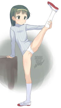 1girl commentary_request dated full_body green_eyes green_hair hairband highres loli long_sleeves original paid_reward_available panties parted_lips ribbed_sweater shoes signature socks solo standing standing_on_one_leg sweater turtleneck turtleneck_sweater underwear uwabaki white_panties white_socks yone_kinji