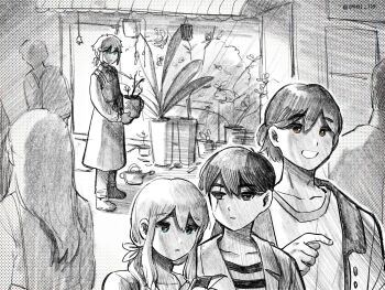 2girls 5boys alternate_costume alternate_hairstyle antenna_hair apron aubrey_(faraway)_(omori) aubrey_(omori) backpack bag basil_(faraway)_(omori) basil_(omori) black_eyes blue_eyes blush bright_pupils brown_eyes cellphone closed_mouth collarbone collared_shirt double-parted_bangs flower flower_pot gokun greyscale hair_ribbon hanging_plant highres jacket kel_(faraway)_(omori) kel_(omori) long_hair long_sleeves looking_at_another monochrome multiple_boys multiple_girls omori open_mouth pants parted_lips phone plant ponytail potted_plant ribbon shirt shoes short_hair short_ponytail sidelocks smartphone smile spoilers standing striped_clothes striped_shirt sunny_(omori) sweater_vest t-shirt twitter_username white_pupils