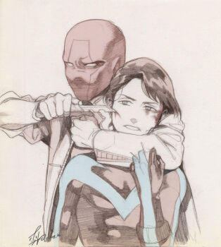 2boys batman_(series) blood blue_eyes bodysuit brothers dc_comics dick_grayson family gloves helmet jacket jason_todd knife male_focus multiple_boys nightwing red_hood red_hood_(dc) siblings signature spot_color verin