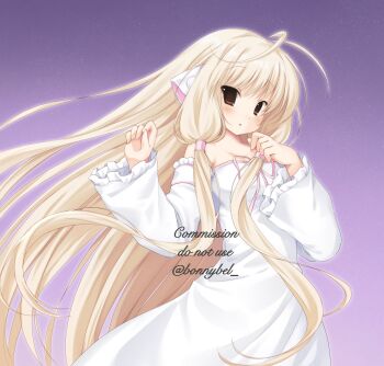 1girl 2000s_(style) bare_shoulders blonde_hair blush breasts brown_eyes chii chobits dress hair_spread_out hair_tubes highres jelly_(bonnybel) long_hair long_sleeves looking_at_viewer ribbon robot_ears simple_background solo very_long_hair