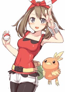 10s 1girl arm_up belt bike_shorts bike_shorts_under_shorts black_eyes blush bracelet breasts brown_hair fanny_pack gen_3_pokemon hair_ribbon hairband hiraga_matsuri hirasato jewelry may_(pokemon) may_(pokemon_oras) nintendo open_mouth pantyhose pantyhose_under_shorts poke_ball poke_ball_(basic) pokemon pokemon_(creature) pokemon_oras ribbon short_hair shorts sidelocks simple_background sketch small_breasts torchic two_side_up white_background