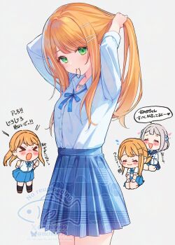 >_< 2girls ^_^ adjusting_hair arms_behind_head arms_up blue_ribbon blue_skirt blush braid brushing_another's_hair brushing_hair clenched_hands closed_eyes commentary_request gakuen_idolmaster grey_hair hair_ribbon hair_tie hair_tie_in_mouth half_up_braid hatsuboshi_gakuen_school_uniform highres idolmaster katsuragi_lilja long_hair looking_at_viewer miyanome mole mole_under_eye mouth_hold multiple_girls multiple_views neck_ribbon orange_eyes plaid_clothes plaid_skirt pleated_skirt ribbon ribbon_braid school_uniform seiza shirt shirt_tucked_in shiun_sumika short_hair simple_background sitting skirt speech_bubble translation_request tying_hair very_long_hair white_background white_shirt