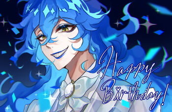 Rule 34 | 1boy, black background, blue background, blue eyeshadow, blue hair, blue lips, bow, bowtie, brooch, collared shirt, eyeshadow, gem, gradient background, grin, hair between eyes, happy birthday, highres, idia shroud, jacket, jewelry, long hair, looking at viewer, makeup, male focus, mememe (xufoge9), multicolored background, portrait, sharp teeth, shirt, simple background, smile, solo, sparkle, teeth, twisted wonderland, upper body, white bow, white gemstone, white jacket, white shirt, wing collar, yellow eyes