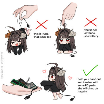 >_< 1girl :o bandaid bandaid_on_leg bare_legs barefoot black_hair black_hoodie bug cable checkmark chibi disembodied_hand english_text grabbing_another's_hair hair_intakes heart holding_another's_hair hood hood_down hoodie how_to_hold_x_(meme) insect insect_hair_ornament long_hair long_sleeves meme mini_person minigirl moth no_mouth notice_lines open_mouth original profile ram_(computer) red_eyes simple_background sitting sleeves_past_fingers sleeves_past_wrists solo tail tail_grab tearing_up twitter_username usb vickie_(cryingrobot) vickie_(cryingrobot)_(character) walking wariza white_background x_(symbol)