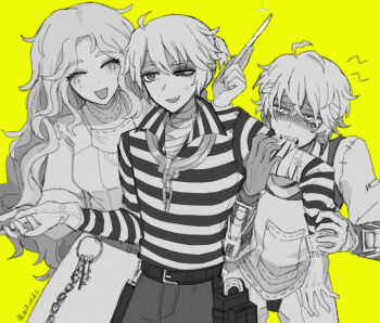 1girl 2boys :d ada_mesmer ahoge bandaged_head bandaged_neck bandaged_torso bandages biting_another&#039;s_clothes bruise bruised_eye closed_eyes collar crossed_bangs emil_(identity_v) fang glint gloves half-closed_eye holding holding_hands holding_scalpel identity_v injury keyring long_hair looking_at_another luca_balsa makeup mask mask_around_neck metal_collar multiple_boys open_mouth partially_colored popped_collar runny_makeup scalpel shaded_face sharp_teeth shirt single_tear small_sweatdrop smile striped_clothes striped_shirt teeth tendenbarabara twitter_username wavy_hair yellow_background