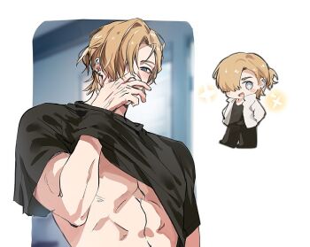 1boy black_shirt blonde_hair blue_eyes chibi chibi_inset degrees_of_lewdity earrings hair_over_one_eye hashtag-only_commentary jewelry multiple_views shirt sparkle utu310 whitney_(degrees_of_lewdity) whitney_(male)_(degrees_of_lewdity)
