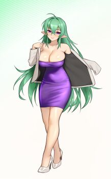 1girl ahoge blush breasts cleavage closed_mouth commentary dress elf english_commentary eyebrows_hidden_by_hair full_body green_hair hair_between_eyes high_heels highres hunybee jacket large_breasts lips long_hair looking_at_viewer original pointy_ears purple_dress purple_eyes shoes simple_background smile solo stiletto_heels strapless strapless_dress very_long_hair white_background white_jacket white_shoes