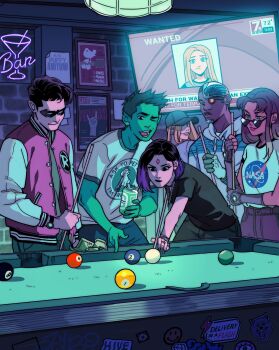 3boys 3girls 8-ball aged_up alcohol ball bar_(place) baseball_cap beast_boy_(dc) beer beer_can billiard_ball billiards breaking_news can colored_skin couple cue_stick cyborg cyborg_(dc) dark-skinned_male dark_skin dc_comics dick_grayson drink_can english_text flat_screen_tv gabriel_picolo green_skin hat heineken highres holding holding_can holding_cue_stick life_magazine logo mechabare multiple_boys multiple_girls nasa_logo news pointy_ears pool_table raven_(dc) robin_(dc) slice_of_life starfire sunglasses table teen_titans television terra_(dc) wanted_poster watching_television