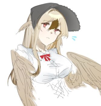 black_bonnet black_souls black_souls_2 bonnet breasts brown_hair closed_mouth collared_shirt dodo_(black_souls) flying_sweatdrops furrowed_brow hair_between_eyes harpy head_wings long_hair long_sidelocks medium_breasts monster_girl mu_blood red_eyes red_ribbon ribbon shirt sidelocks white_background white_shirt winged_arms wings