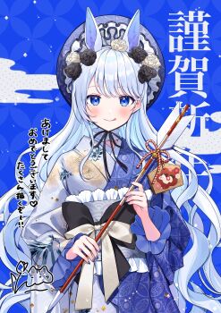 absurdres animal_ears arrow_(projectile) black_bow black_bowtie black_flower black_ribbon black_rose blue_background blue_eyes blue_hair blue_kimono blue_nails bow bowtie chinese_zodiac choker commentary_request ema flower flower_on_head frilled_sleeves frills hamaya highres holding holding_arrow horse_ears horse_girl japanese_clothes kimono neck_ribbon new_year obi original print_kimono ribbon rose ruu_hh sash tongue tongue_out white_bow white_bowtie white_choker white_flower white_rose year_of_the_horse