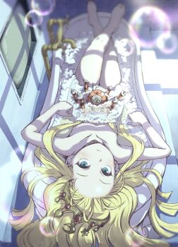 1girl bathtub blonde_hair blue_eyes bubble convenient_censoring crossed_legs crown cyberbots devilot_de_deathsatan_ix forehead full_body gold_crown hair_slicked_back highres in_bathtub jeweled_crown long_hair looking_at_viewer looking_up nude partially_submerged princess satomura_kyou soap_bubbles soap_censor solo super-8