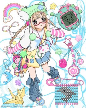 1girl 2000s_(style) bag bead_charm beads beanie blonde_hair blue_leg_warmers blue_shoes braid buttons charm_(object) commentary dice dolphin fashion faux_retro_artstyle green_hat handbag hat heisei heisei_retro highres jojifuku leg_warmers long_hair looking_at_viewer object_request oomulove origami original panda paper_crane paper_star rainbow shoes sneakers star-shaped_bag star_(symbol) stuffed_toy symbol-only_commentary tamagotchi tamagotchi_(classic) tamagotchi_(virtual_pet) tamagotchi_plus twin_braids very_long_hair virtual_pet_(toy) wings