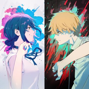 1boy 1girl absurdres black_choker black_hair blonde_hair chainsaw_man choker collared_shirt denji_(chainsaw_man) formal_clothes hair_bun highres ibaraki_shun neck_ribbon necktie pull_cord pulling reze_(chainsaw_man) ribbon shirt shirt_tucked_in single_hair_bun sleeveless sleeveless_shirt