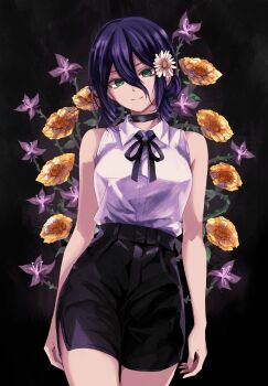 1girl black_choker black_ribbon breasts chainsaw_man choker crazycray flower green_eyes grenade_pin hair_between_eyes hair_bun hair_flower hair_ornament highres long_hair_between_eyes neck_ribbon purple_flower reze_(chainsaw_man) ribbon shirt shirt_tucked_in single_hair_bun skirt sleeveless sleeveless_shirt smile white_flower yellow_flower