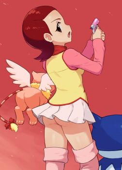 1girl ass bow brown_eyes brown_hair chiwino gun highres holding holding_gun holding_weapon jack_frost_(megami_tensei) kaname_mirai looking_at_viewer miniskirt no_panties open_mouth shadow shin_megami_tensei shin_megami_tensei_devil_children short_hair skirt standing tail tail_bow tail_ornament veil_(devil_children) weapon wings