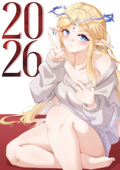 1girl 2026 absurdres alternate_costume barefoot blonde_hair blue_eyes blush cartethyia_(wuthering_waves) chinese_commentary closed_mouth collarbone commentary_request crown_of_thorns earrings grey_sweater hand_up highres jewelry long_hair multiple_earrings no_pants off-shoulder_sweater off_shoulder parted_bangs partial_commentary pointy_ears rookie_6 sitting solo sweater tacet_mark_(wuthering_waves) thighs v very_long_hair wuthering_waves