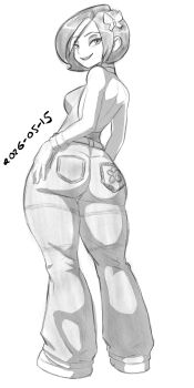 1girl ass bare_shoulders breasts butterfly_(planetronika) butterfly_hair_ornament dated from_side full_body hair_ornament hand_on_own_hip highres huge_ass knightornshtein leaning looking_at_viewer looking_back medium_breasts motion_lines multicolored_hair naughty_face open_mouth pants planetronika seductive_gaze short_hair sideboob smile solo thick_thighs thighhighs thighs two-tone_hair white_background