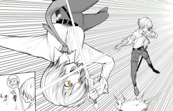 1boy 1girl belt black_pants bob_cut collared_shirt don_quixote_(project_moon) highres holding holding_sword holding_weapon limbus_company maki_maki_(makimakipoipoi) monkey monochrome necktie pants project_moon rapier scabbard sheath shirt short_hair sinclair_(project_moon) speech_bubble spot_color sweatdrop sword thought_bubble weapon white_shirt yellow_eyes