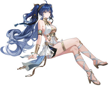 1girl absurdres ahoge ancient_greek_clothes armlet blue_eyes blue_hair breasts chinese_commentary cleavage closed_mouth commentary_request crossed_legs full_body gold_bra greco-roman_clothes hair_belt hair_ornament highres invisible_chair iuno_(wuthering_waves) jewelry leg_wrap long_hair looking_ahead medium_breasts ring simple_background sitting solo tacet_mark_(wuthering_waves) thighlet twintails very_long_hair white_background wuthering_waves zhaoshaomaotuizi