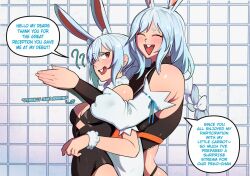 Rule 34 | 2girls, animal ear fluff, animal ears, blue hair, blush, braid, breasts, buck teeth, hair ornament, hentaly, hololive, long hair, looking at viewer, mature female, mother and daughter, multicolored hair, multiple girls, open mouth, pekomama, rabbit ears, rabbit girl, red eyes, short eyebrows, smile, teeth, thick eyebrows, twin braids, two-tone hair, usada pekora, virtual youtuber, white hair