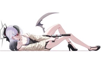 1girl absurdres aiming bare_legs black_bow black_dress black_hair black_horns black_nails blue_archive bow closed_mouth collarbone commentary dress english_commentary english_text gradient_hair gun hair_between_eyes hair_ornament handgun high_heels highres holding holding_gun holding_weapon horns kayoko_(blue_archive) kayoko_(dress)_(blue_archive) looking_to_the_side lying medium_hair multicolored_hair nail_polish off_shoulder on_back pistol poster_(medium) red_eyes single_wing solo suppressor sweater two-tone_hair user_lgy0610 weapon white_background white_hair wings
