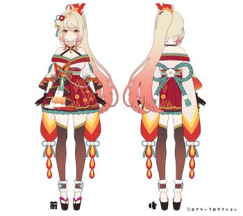 1girl absurdres airy_production akeshiro_suzaku bare_shoulders black_gloves black_sandals breasts brown_hair brown_thighhighs character_request check_character closed_mouth full_body gloves gradient_hair hair_between_eyes highres japanese_clothes kimono long_sleeves looking_at_viewer medium_breasts multicolored_hair multiple_views myusha obi off_shoulder platform_sandals pleated_skirt ponytail red_eyes red_hair red_skirt sandals sash simple_background skirt smile standing thighhighs turnaround virtual_youtuber white_background white_kimono wide_sleeves zouri