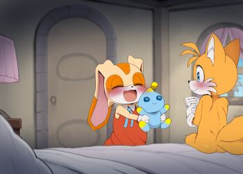 1boy 1girl animal_ears blue_eyes blush chao_(sonic) commentary cream_the_rabbit dagasi english_commentary fox_boy furry furry_female furry_male highres smile sonic_(series) tail tails_(sonic)