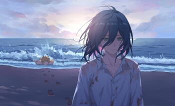 1boy 1girl absurdres beach blonde_hair blood blood_on_clothes chainsaw_man closed_mouth cloud cloudy_sky collared_shirt cosplay denji_(chainsaw_man) denji_(chainsaw_man)_(cosplay) dododo_(fightingdodo) footprints green_eyes hair_between_eyes hashtag-only_commentary highres looking_at_another lying medium_hair navel ocean on_stomach outdoors purple_hair reze_(chainsaw_man) shared_clothes shirt short_hair sky topless_male upper_body waves wet wet_clothes wet_shirt white_shirt