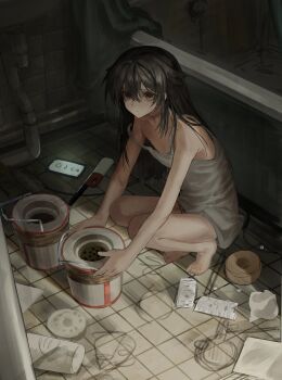 1girl absurdres barefoot bathroom bathtub blister_pack cellphone expressionless floor hair_between_eyes highres indoors industrial_pipe lighter long_hair original phone senakira shower_curtain sink smartphone solo squatting strap_slip tape tile_floor tiles