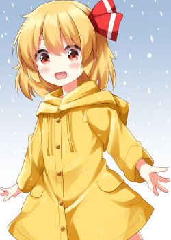 1girl blonde_hair blue_background blush commentary_request drawstring fang gradient_background hair_between_eyes hair_ribbon highres hood hood_down long_sleeves looking_at_viewer open_mouth rain raincoat red_eyes red_ribbon ribbon rumia ruu_(tksymkw) short_hair solo touhou two-tone_background upper_body white_background yellow_raincoat