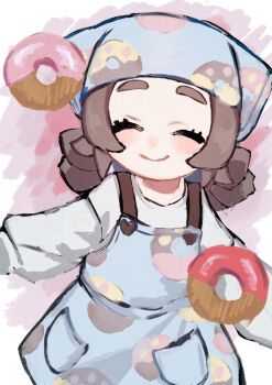 1girl 3q_vbp_poke ansha_(pokemon) apron blush braid brown_hair closed_eyes donut food headscarf nintendo pokemon pokemon_legends:_z-a smile solo upper_body
